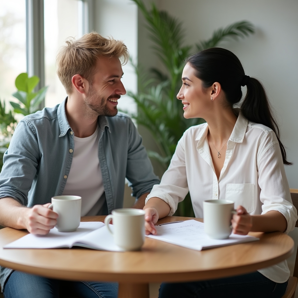 Pár sedí u stolu a klidně diskutuje nad dokumenty, konstruktivní komunikace o financích