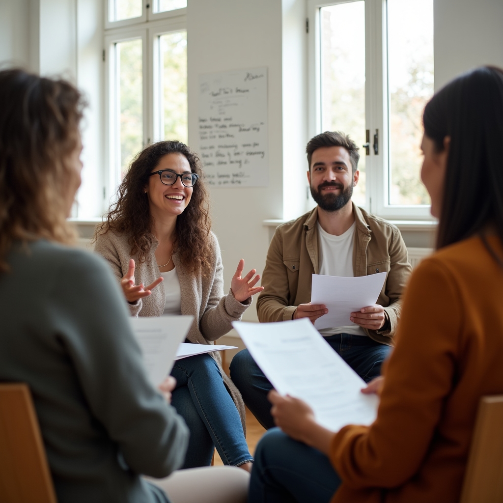 Skupinka lidí sedí v kruhu v světlé místnosti a diskutuje o osobních financích